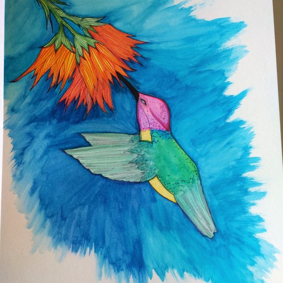 Painting Hummingbird and Flowers Watercolors Ink - Picture 8 of 16